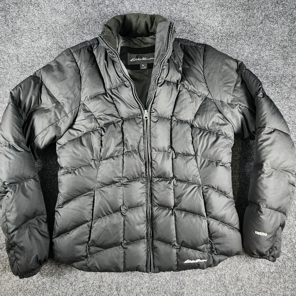 Eddie Bauer EB650 Down Puffer Jacket Women M Black Quilted Full Zip Outerwear